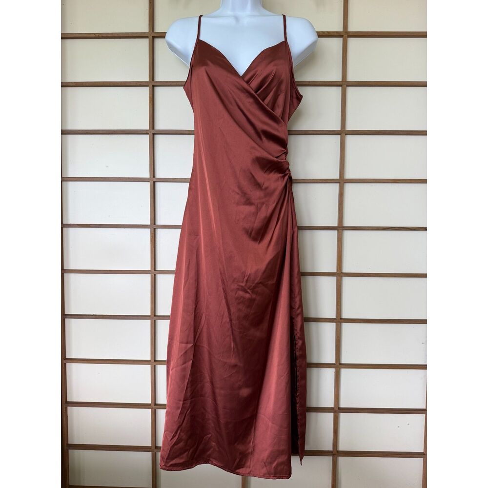 CIDER Copper Satin Ruched/Slit dress
